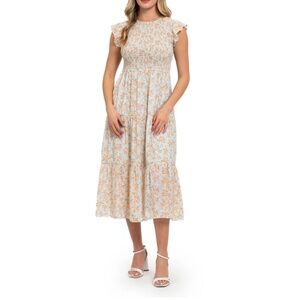 August sky smocked tiered dress sage multi medium floral